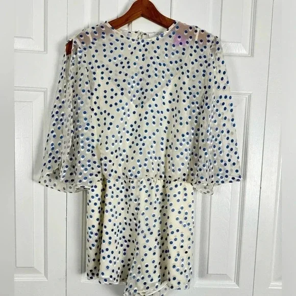 Lovers and Friends Blue and Cream Polka Dot Short Pants Romper - Picture 4 of 11